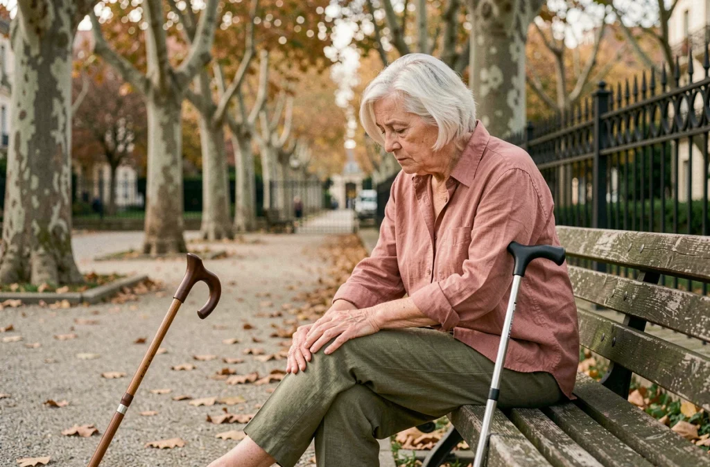 Femme âgée de 70 ans massant son genou arthrosique assise sur un banc dans un parc urbain en automne, avec une canne posée à côté d'elle