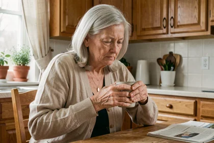 Femme âgée de 65 ans tenant une tasse avec les deux mains en raison de l'arthrose des doigts, dans une cuisine chaleureuse et familière