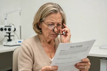 Femme âgée dans une clinique ophtalmologique tenant un document près de ses yeux, illustrant les troubles visuels liés au vieillissement