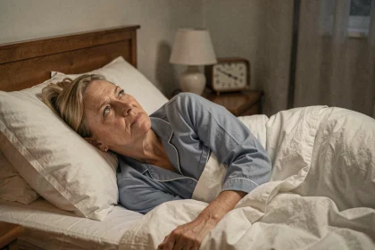 Femme âgée allongée dans son lit, insomnie liée à l'âge, trouble du sommeil chez les seniors