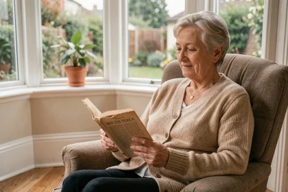 Femme âgée assise près d'une grande fenêtre ensoleillée, lisant un livre dans un fauteuil confortable, baignée de lumière naturelle apaisante