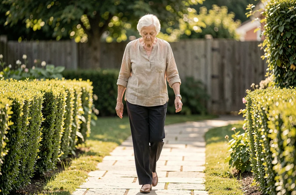 Femme âgée marchant dans un jardin avec une posture voûtée et une démarche altérée, symptôme précoce de Parkinson