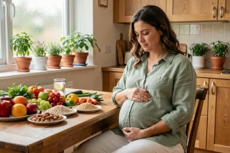 Femme enceinte assise à une table en bois avec un assortiment d'aliments sains et équilibrés pour la grossesse
