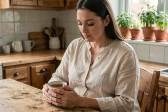 Femme enceinte dans sa cuisine tenant une tasse de tisane, exprimant sérénité et introspection liées aux changements hormonaux de la grossesse