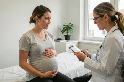 Femme enceinte en consultation médicale discutant des risques de la scarlatine avec son médecin
