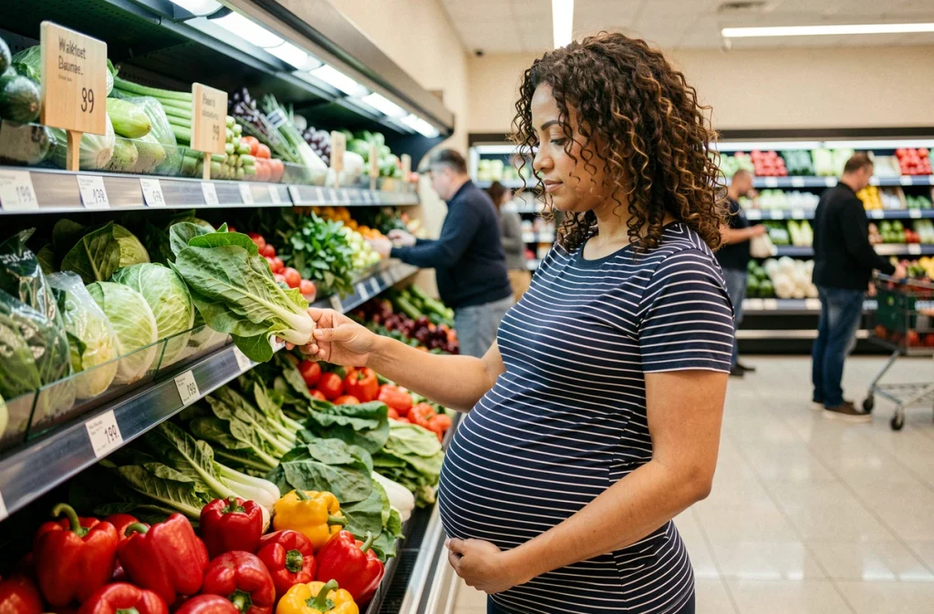 Femme enceinte choisissant des légumes frais au supermarché pour une alimentation saine durant la grossesse