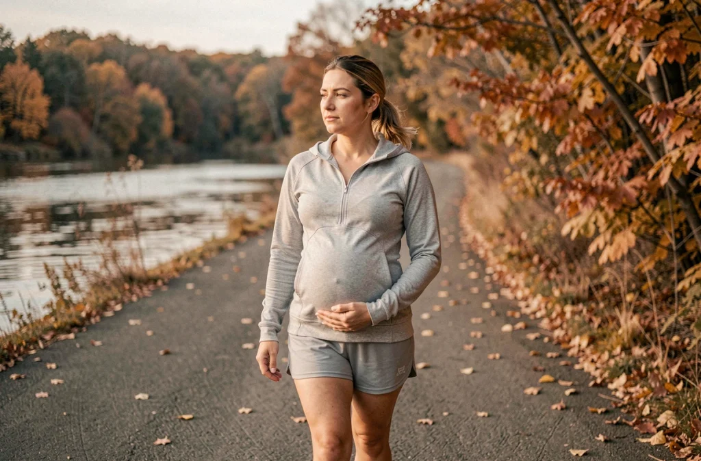 Femme enceinte marchant le long d'une promenade en bord de rivière en automne pour maintenir une activité physique adaptée