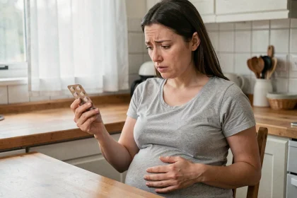 Femme enceinte hésitante tenant une plaquette de médicaments à la cuisine, illustrant les risques de l'automédication pendant la grossesse