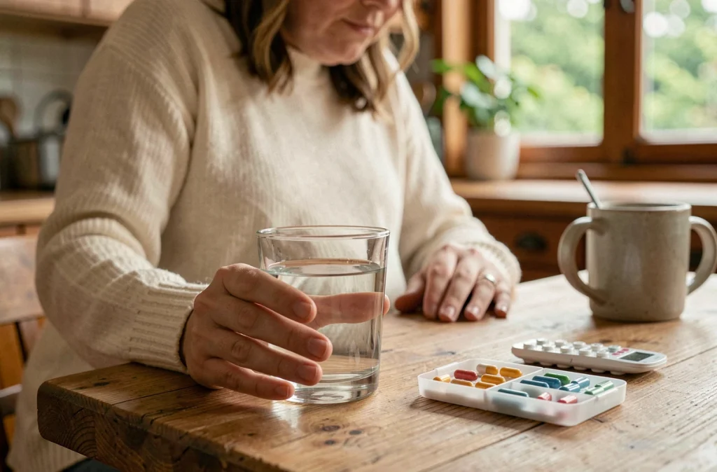 Mains d'une femme enceinte tenant un verre d'eau et des médicaments prescrits pour traiter une infection bactérienne