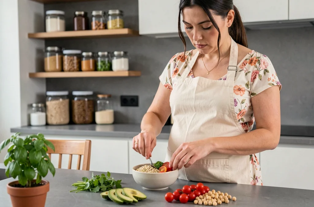 Femme enceinte préparant un repas nutritif et équilibré avec des ingrédients frais dans une cuisine moderne