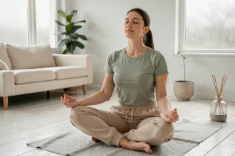 Femme pratiquant des exercices de respiration en position méditative dans un salon minimaliste scandinave
