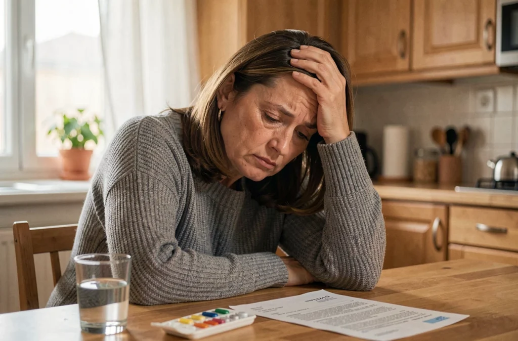 Femme fatiguée à la maison face à son traitement médical suite à un diagnostic tardif d'excès de ferritine