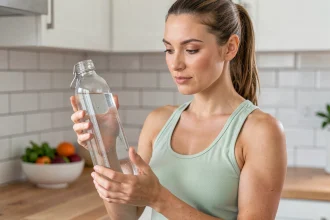 Femme tenant une bouteille d'eau en verre dans une cuisine moderne, illustrant l'hydratation quotidienne pour un régime minceur