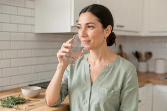 Femme de 35 ans buvant un verre d'eau dans une cuisine moderne pour illustrer l'hydratation quotidienne et la vitalité