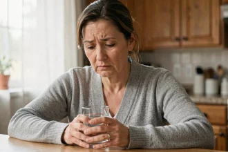 Femme adulte tenant un verre d'eau à la cuisine, illustrant la gestion d'une infection urinaire récurrente au quotidien