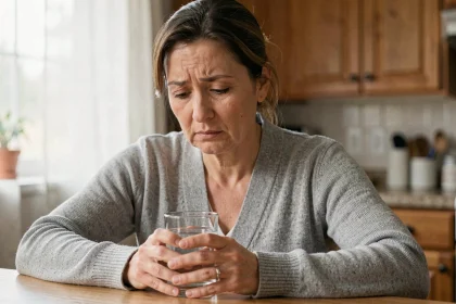 Femme adulte tenant un verre d'eau à la cuisine, illustrant la gestion d'une infection urinaire récurrente au quotidien