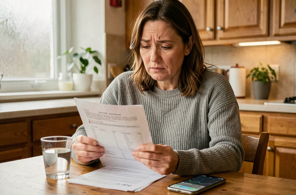 Femme lisant ses résultats d'analyse sanguine avec un VGM élevé à domicile