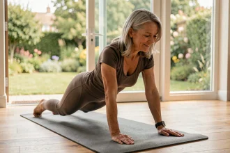 Femme d'une cinquantaine d'années pratiquant des étirements doux sur un tapis de yoga à domicile pour limiter la prise de poids à la ménopause