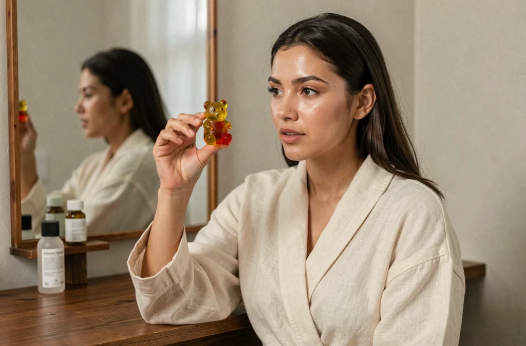 Femme tenant un ourson au collagène Bears with Benefits devant son miroir de salle de bain