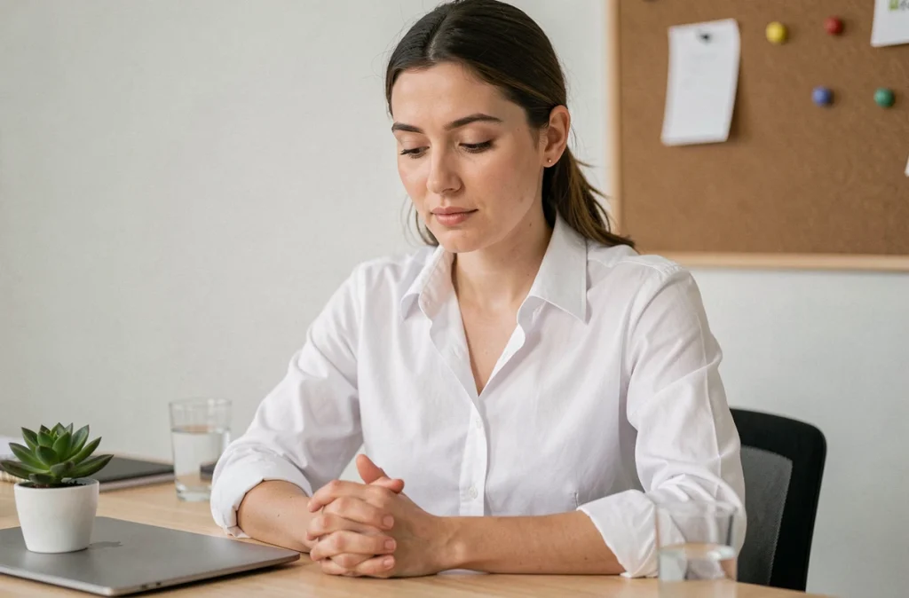 Femme faisant une pause de respiration consciente à son bureau dans un espace de travail minimaliste