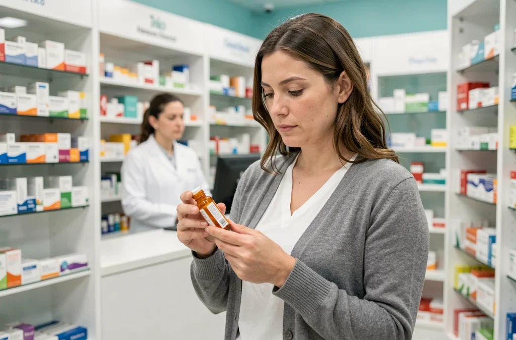 Femme en pharmacie examinant un médicament pouvant provoquer une élévation des enzymes hépatiques