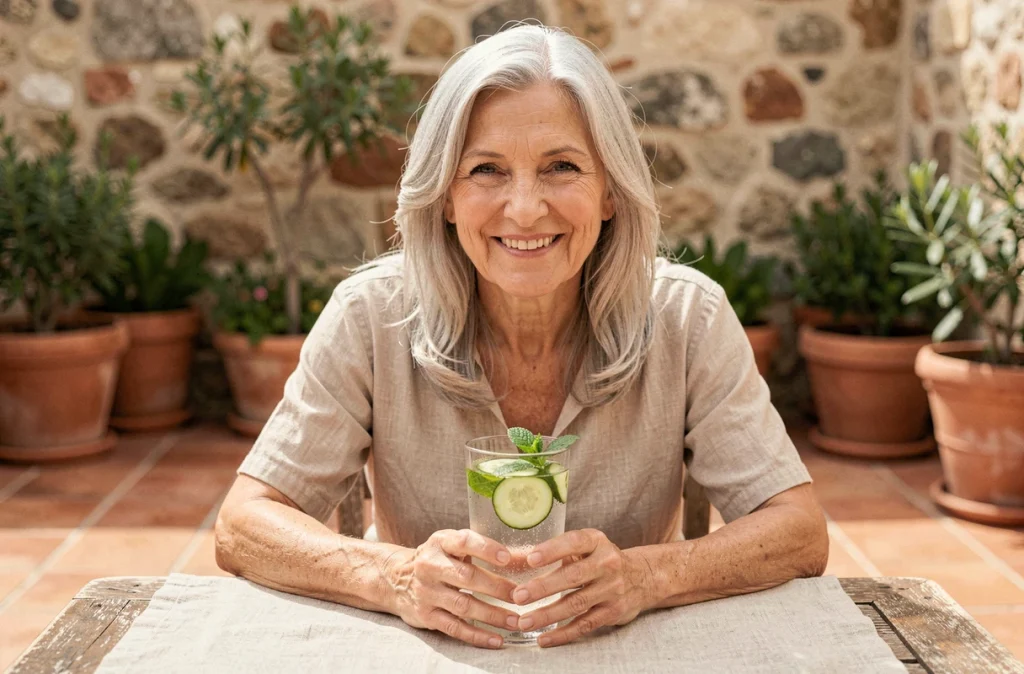 Femme de 60 ans savourant une eau infusée au concombre et à la menthe sur une terrasse méditerranéenne ensoleillée pour préserver sa vitalité