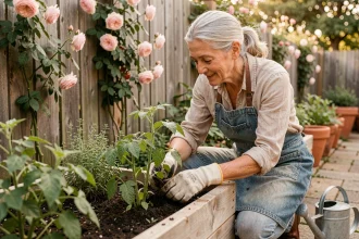 Femme senior aux cheveux argentés faisant du jardinage dans son potager surélevé en bois, illustrant les bienfaits du jardinage sur le moral après 65 ans