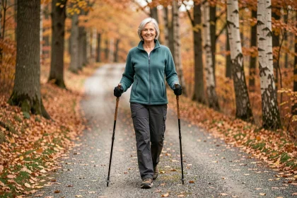 Femme senior pratiquant la marche nordique en forêt avec des bâtons en automne