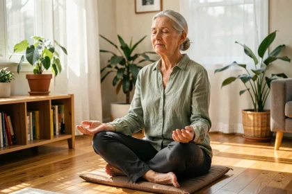 Femme de plus de 60 ans pratiquant la méditation de pleine conscience assise sur un coussin en bois dans un salon chaleureux