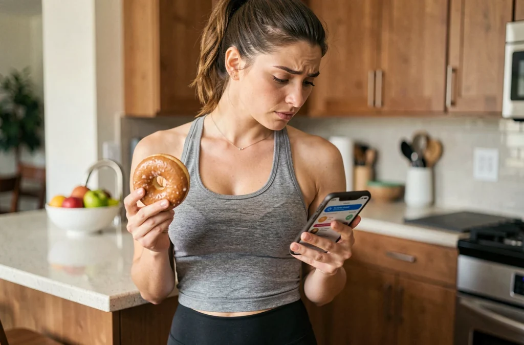 Jeune femme en tenue de sport tenant un donut Krispy Kreme tout en consultant une application de suivi nutritionnel sur son téléphone