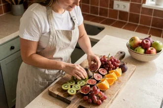 Femme préparant un assortiment de fruits frais sur une planche en bois dans une cuisine rustique