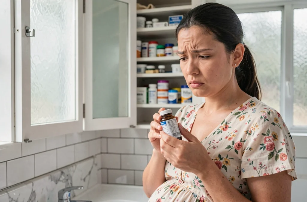Femme enceinte lisant l'étiquette d'un médicament devant une armoire à pharmacie, risques de l'automédication en grossesse