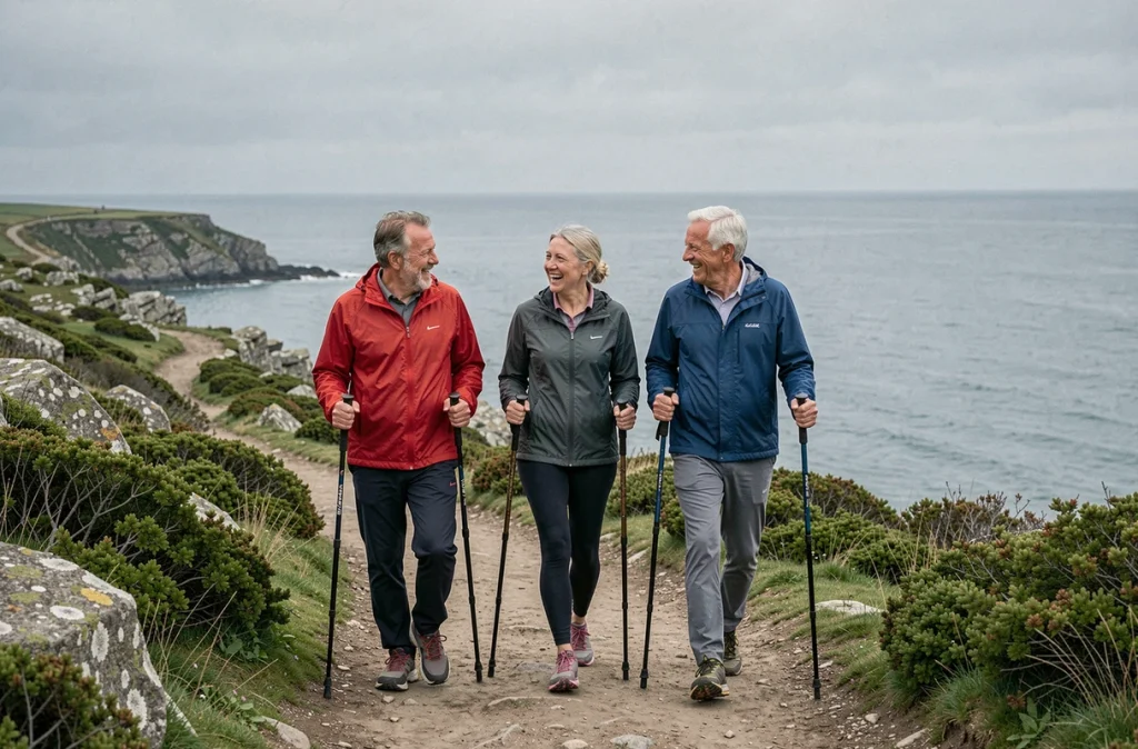 Groupe de seniors faisant de la marche nordique sur un sentier côtier en bord de mer