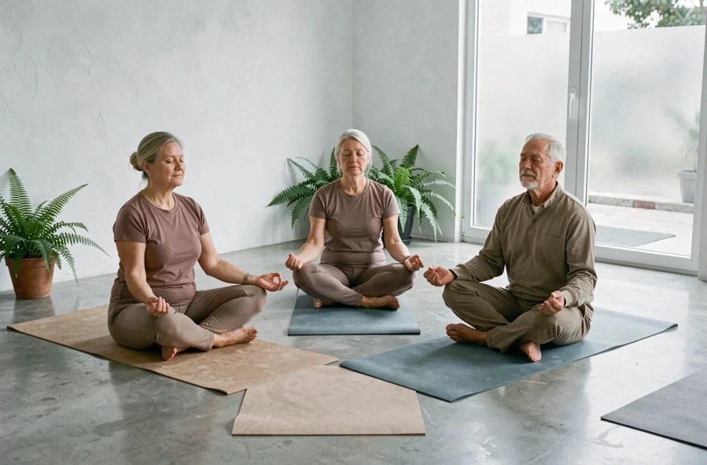 Groupe de seniors pratiquant la méditation de pleine conscience ensemble sur des tapis de yoga dans un studio de bien-être épuré