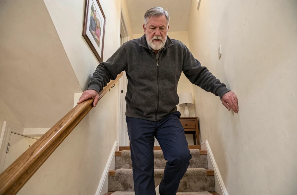 Homme de 68 ans descendant un escalier en s'appuyant sur la rampe à cause de l'arthrose du genou, dans une maison familiale ordinaire