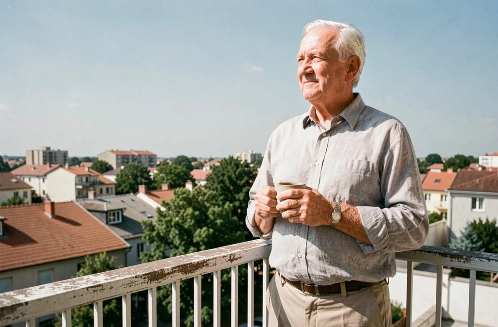 Homme âgé debout sur un balcon ensoleillé, tenant une tasse de café et contemplant sereinement le paysage urbain en plein air