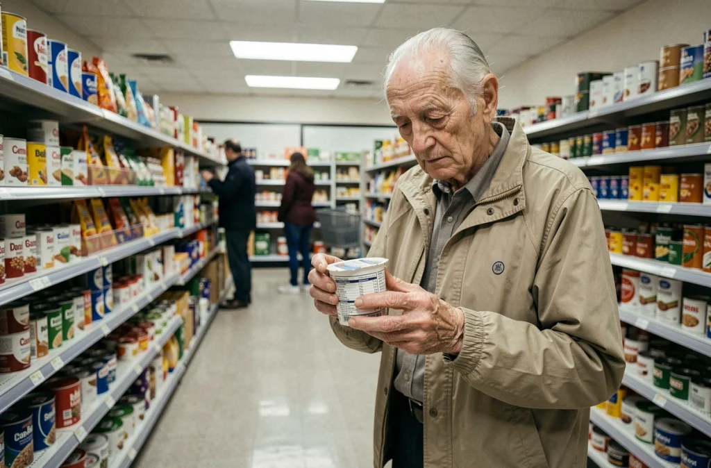 Homme âgé et amaigri lisant l'étiquette nutritionnelle d'un produit dans un supermarché, signe de vigilance face à la dénutrition