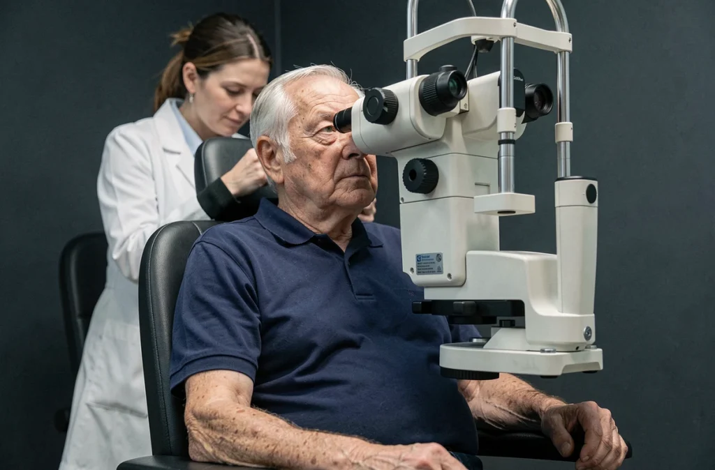 Homme âgé lors d'un examen ophtalmologique à la lampe à fente pour dépister des maladies oculaires courantes chez les seniors
