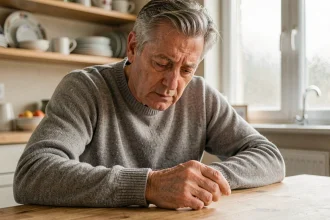 Homme âgé observant sa main tremblante posée sur une table en bois, signe précoce de la maladie de Parkinson