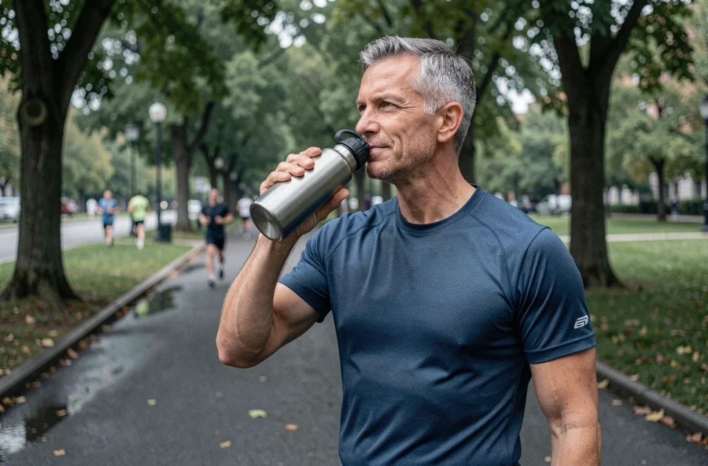 Homme de 45 ans s'hydratant avec une gourde en acier inoxydable lors d'un jogging matinal dans un parc urbain