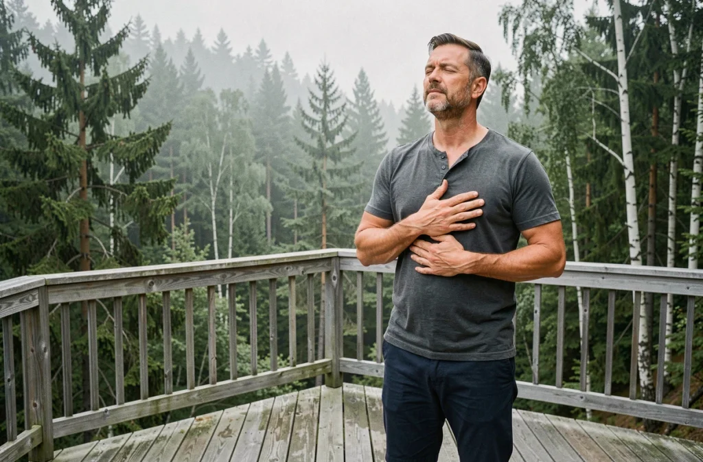 Homme pratiquant la respiration diaphragmatique sur une terrasse en bois face à une forêt de pins dans la brume