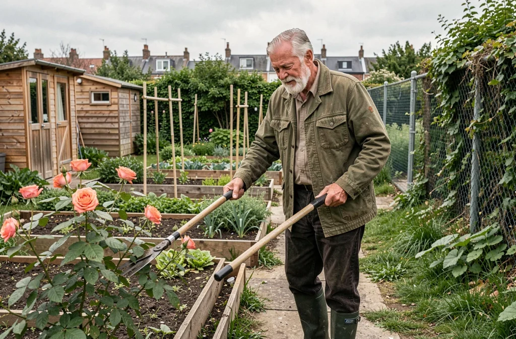 Homme retraité avec barbe blanche entretenant un rosier dans un jardin partagé urbain, symbolisant l'activité physique bénéfique du jardinage pour les seniors