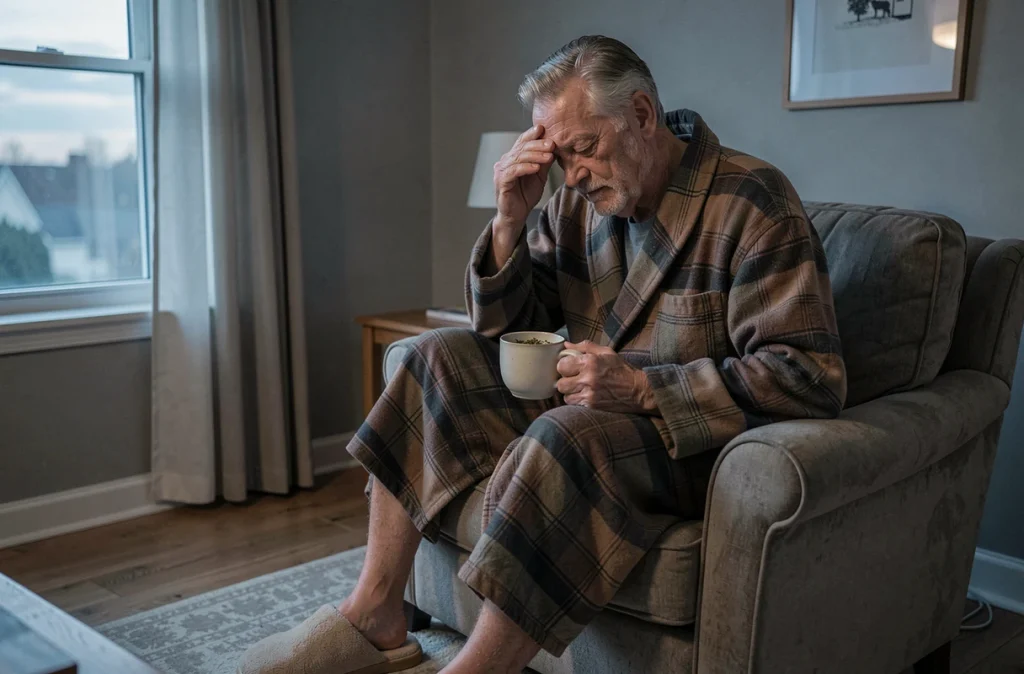 Homme senior fatigué tôt le matin, troubles du sommeil liés au vieillissement, insomnie chez les personnes âgées