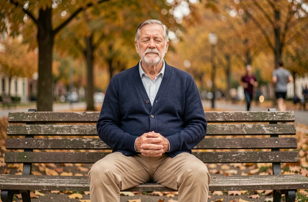 Homme senior méditant en pleine conscience sur un banc de parc en automne, yeux fermés et expression apaisée
