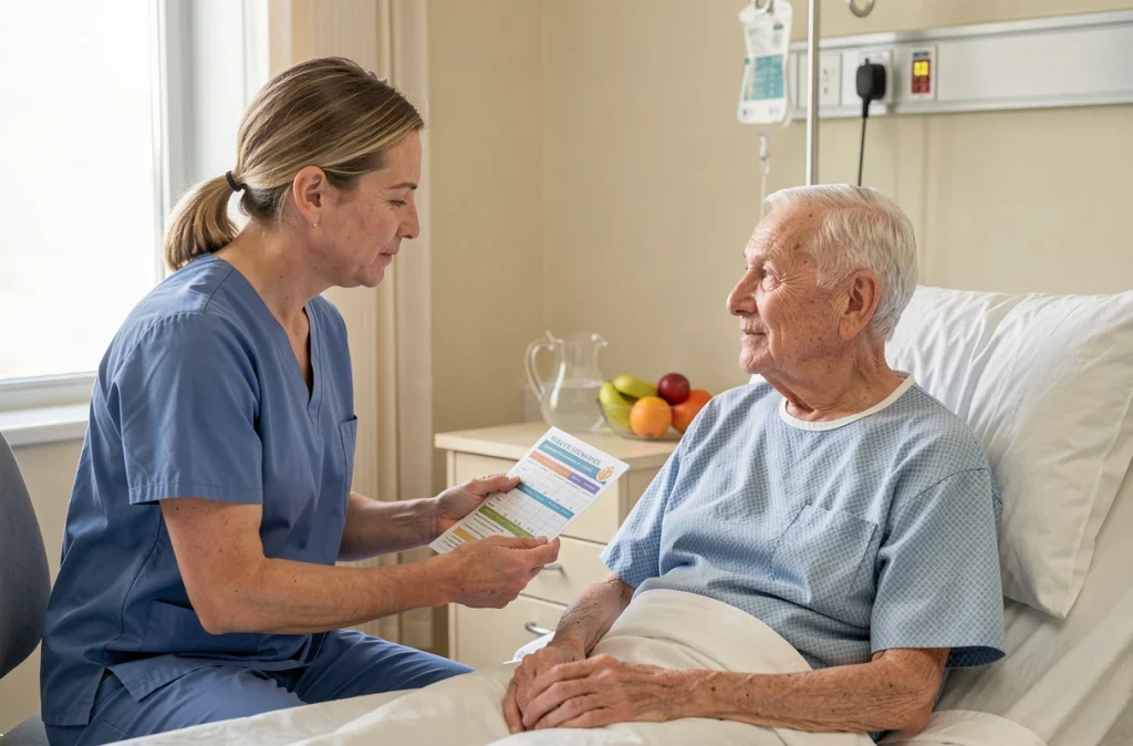Infirmier expliquant un bilan nutritionnel à un patient âgé hospitalisé, dans le cadre de la prise en charge de la dénutrition