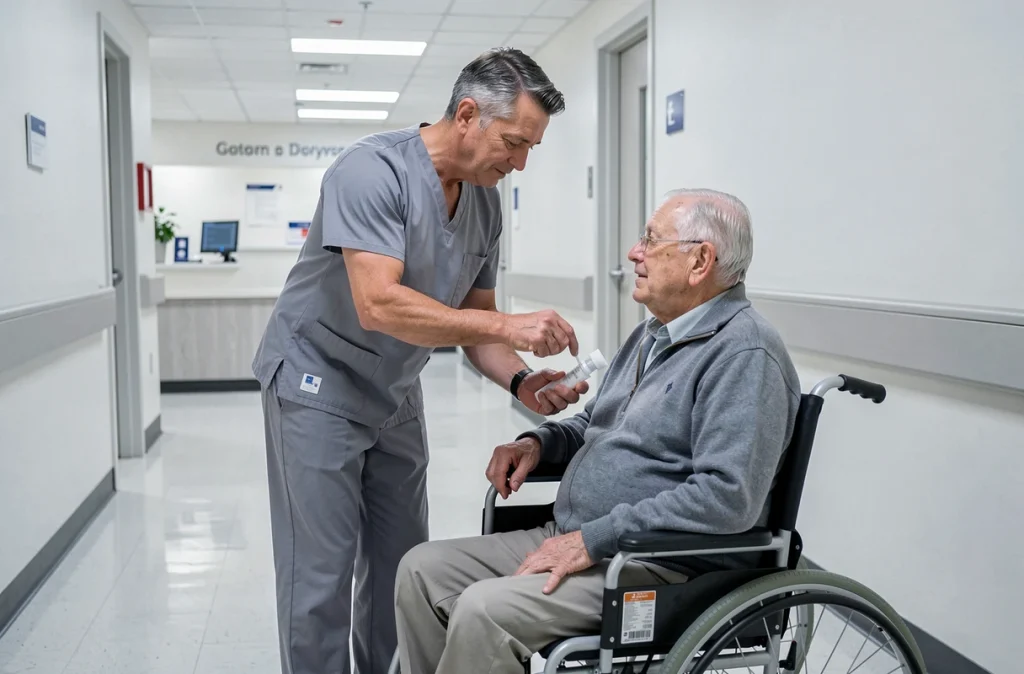 Infirmier gériatrique administrant un médicament à un patient âgé en fauteuil roulant dans un couloir hospitalier