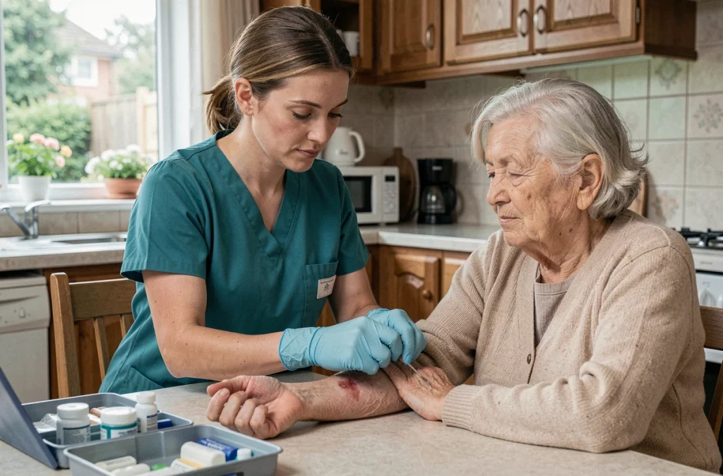 Infirmière spécialisée réalisant un soin de plaie sur une patiente âgée dans une résidence de soins