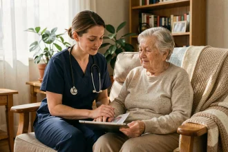 Infirmière spécialisée tenant la main d'une patiente âgée à domicile lors d'une consultation de soins