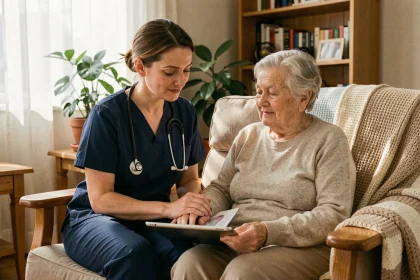 Infirmière spécialisée tenant la main d'une patiente âgée à domicile lors d'une consultation de soins