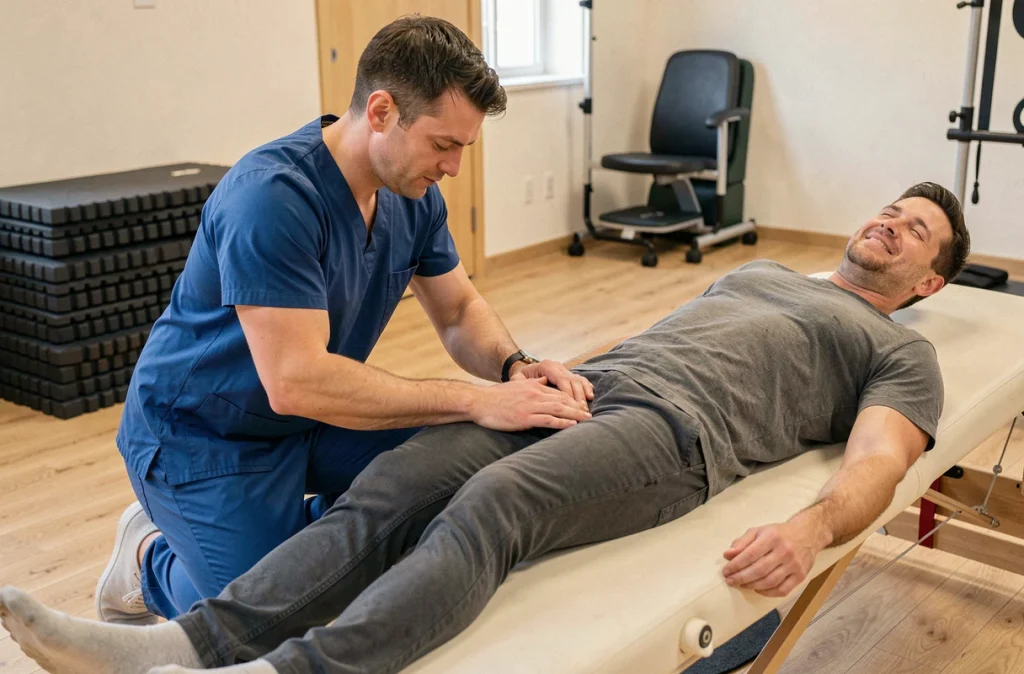 Kinésithérapeute réalisant une thérapie manuelle sur le genou d'un patient pour traiter un kyste